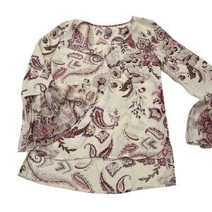 Chicos 0 small Boho Paisley Floral Print Sheer Bell Sleeve Blouse Top - Cream/Pu